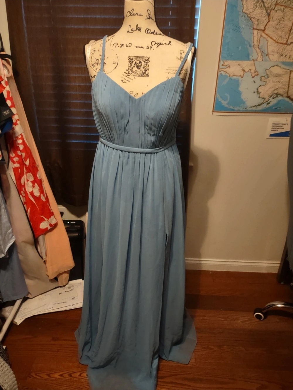 Azazie Dusty Blue Pleated Spaghetti-Strap Maxi Dress
